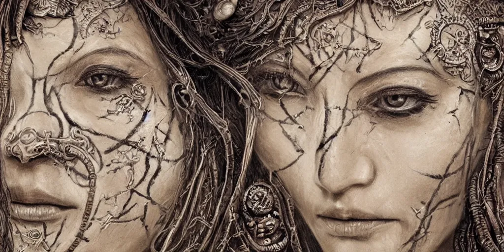 Image similar to Closeup of realistic asian Sumerian Death Goddess chalk skin etched with runic icons + mystical symbols, with small bleached bones covering vest and flowing electricity and smoke , fantasy, intricate, elegant, highly detailed, digital painting, artstation, concept art, matte, sharp focus, photoreal, ghostbusters poster, art by Artgerm and peter mordenbacher,Mike Winkelmann, photo real, ultra realistic, intricate, epic lighting, 8k resolution, unreal engine 5, ultraviolet colors