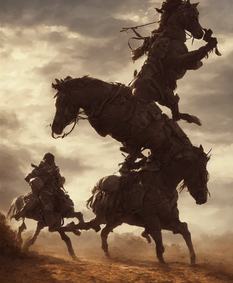 Prompt: hyper realistic knight riding a horse on a long dirt road, illustrated by greg rutkowski, beautiful volumetric lighting, intricate, ultra detailed, photorealistic, trending on artstation, octane render, 8 k