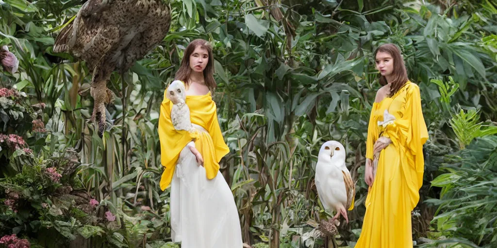 Prompt: film still of an elegant top model wearing a yellow kimono with a very detailed barn owl on her shoulder!!! in a tropical greenhouse. looking at the camera!!. super resolution. 85 mm f1.8 lens.bokeh. graflex. art by Alessio albi and ashley wood and Edmund Blair Leighton and John Singer Sargent! -