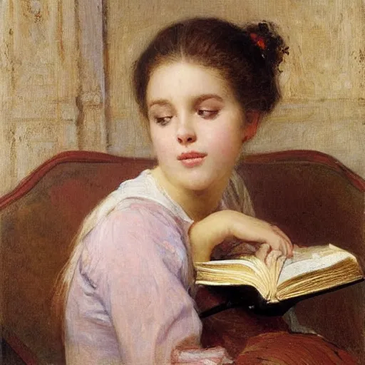 Image similar to a girl reading book, hair flowing down, by Émile Eisman-Semenowsky