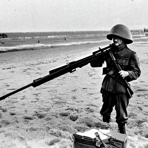 Image similar to Elmo in WWII storming the beach at Normandy shooting a rifle. Black and white newsreel