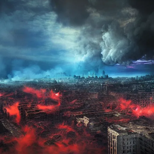 Image similar to destroyed city, dystopian, war, real, thick vivid blue smoke, red clouds, detailed, award winning, masterpiece