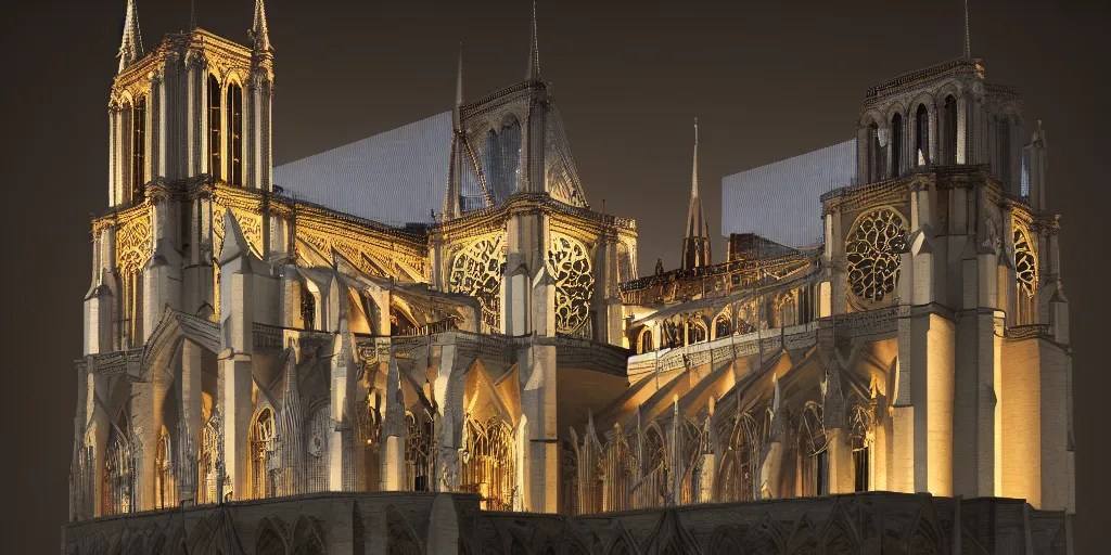 Prompt: paper model of the Notre Dame, hyperrealistic, illuminated, very fine details, ornaments, fractal struktures, studio light, 8K, product photo, spotlight, dark background