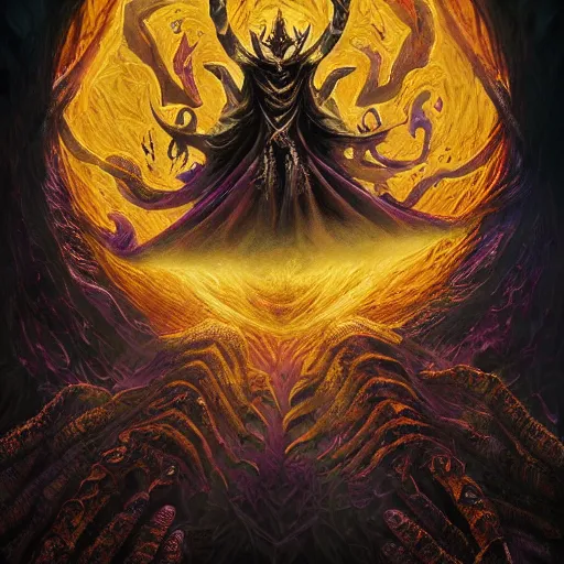Image similar to powerful undead warlock crowned, expressive movement of hands casting a magic spell, otherworldly color palette, subtle layers veins, arcane rune symbols, ultra fine detail, Artstation trending, hyper realism, raytracing, highly detailed and intricate, golden ratio, dark gradient ink with intricate designs, hypermaximalist, elite, horror, ominous, haunting, majestic, ephemeral, epic mythology, cinematic, cgsociety, in the style of Midjourney, H.R. Giger, Zdzisław Beksiński and Douglas Barlowe, 8k