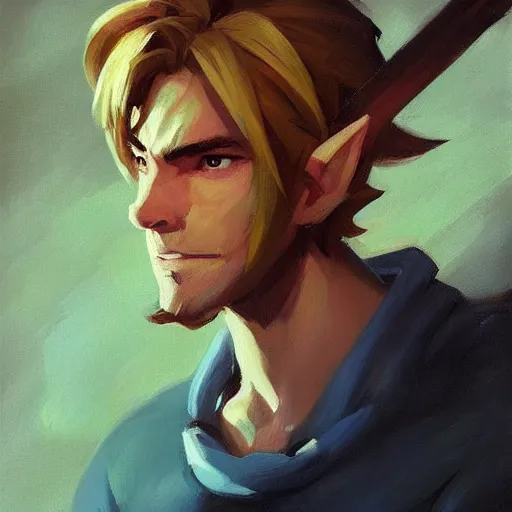 Image similar to greg manchess handsome portrait painting of young link in the legend of zelda as overwatch character, medium shot, asymmetrical, profile picture, organic painting, sunny day, matte painting, bold shapes, hard edges, street art, trending on artstation, by huang guangjian and gil elvgren and sachin teng