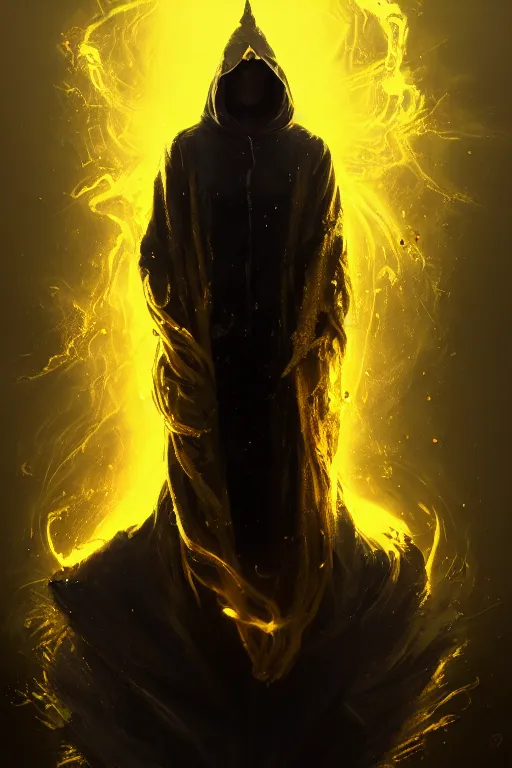 Image similar to A full body portrait of a mysterious character with no face with a very long hooded yellow cloak with a golden crown floating above his head tentacles coming out the ground art by Maciej Kuciara and Jason Chan, ominous, cosmic horror, trending on artstation, Ultra detailed, hyper realistic 4k