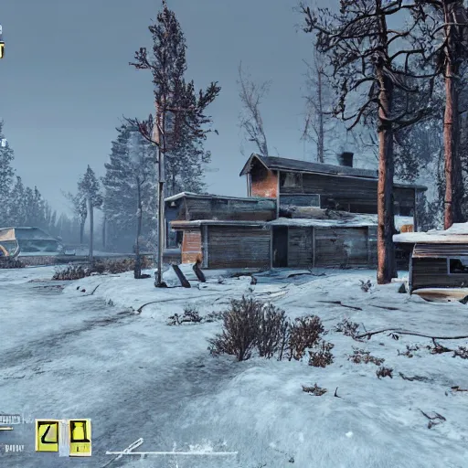 Image similar to Lapland in winter in ruins post-nuclear war in Fallout 4, in game screenshot