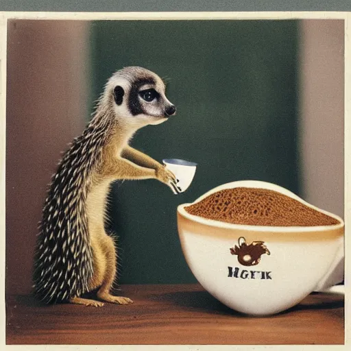 Image similar to meerkat drinking coffee, hedgehog drinking martini, cinematic, kodachrome