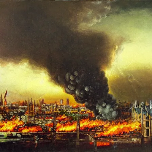 Prompt: london being destroyed by an atomic bomb explosion, oil in canvas