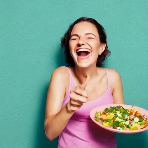 Prompt: alamy stock picture of a woman eating salad and laughing, pastel background, 4k