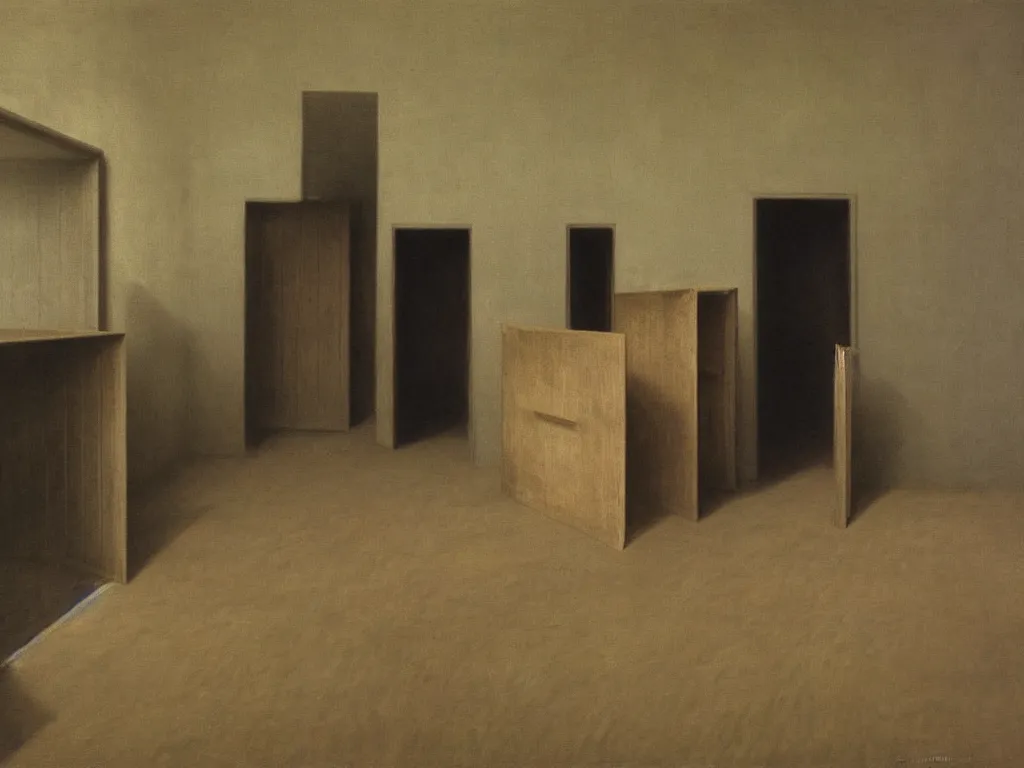 Image similar to Interior full of wooden coffins. Grazing, harsh light. Painting by Vilhelm Hammershoi