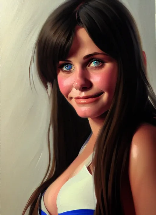 Prompt: portrait of cute 1 8 year old courtney cox as a bit chubby girl, painted by stanley artgerm, sleek curves, sharp focus, trending on artstation hq, deviantart