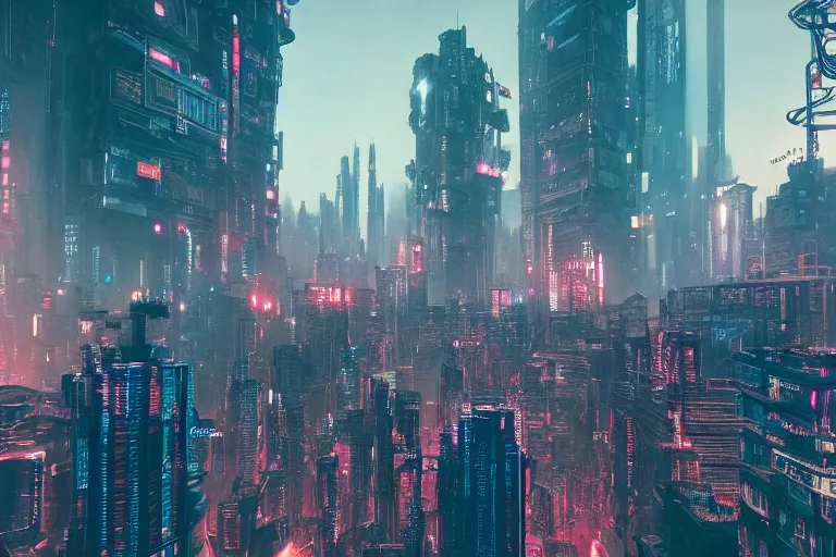 Image similar to dense and detailed dystopian cyberpunk city skyline, multicolored, 8k