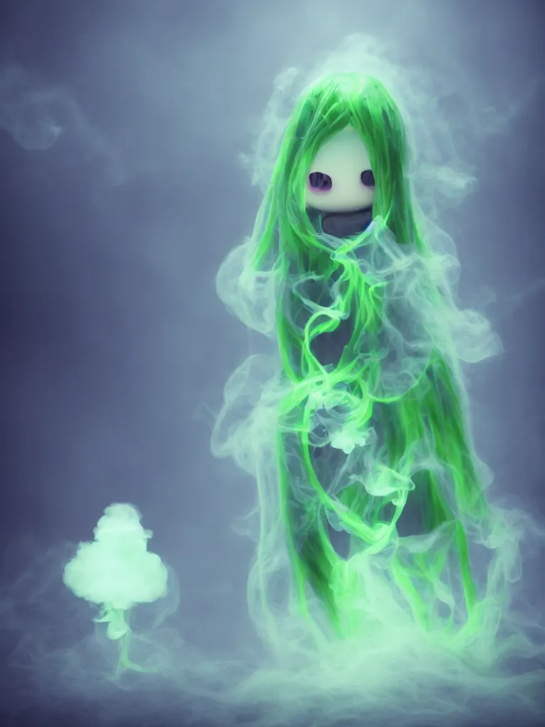 Image similar to cute fumo plush smiling ectoplasmic gothic macabre green jellyfish ghost girl, glowing milky wisps of hazy smoke and volumetric fog, lens flare, subsurface scattering, vignette, asymmetry, bokeh, refraction, vray