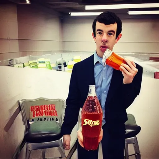 Image similar to “ nathan fielder drinking from a huge soda bottle ”