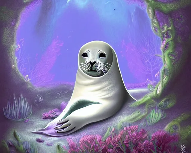 Image similar to beautiful digital fantasy illustration of a Prince in pastel!!!, whimsical acrylic modern pop surrealism, Even Giger-y dark overlords living in the ruins of an ancient system of tunnels and caves like to be comfy every once in a while!, A seal sleeping peacefully in a kelp forest, magic the gathering lands art!!, highly detailed, soft lighting, rendered in octane, masterpiece, very very very aesthetic