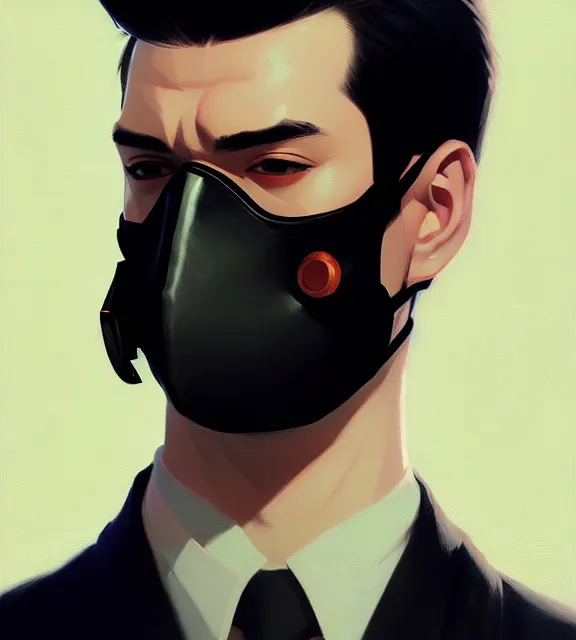 Image similar to a ultradetailed beautiful panting of a stylish man wearing black medical mask, by ilya kuvshinov, greg rutkowski and makoto shinkai, trending on artstation