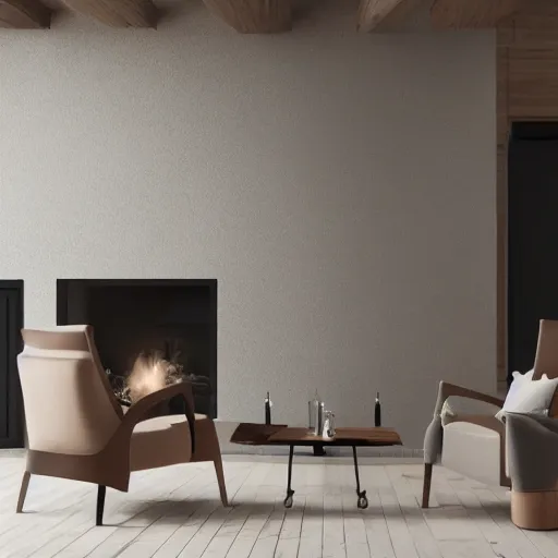 Image similar to two armchairs sitting in front of a cosy fireplace, modern home design interior, octane render, hyperrealistic, concrete archetecture, vray, volumetric lighting, cinema 4 d, unreal engine