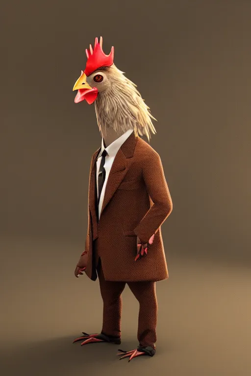 Image similar to a chicken wearing a formal overcoat, hyperrealistic, concept art, octane render, unreal engine 5, trending on artstation, high quality, highly detailed, 8 k, soft lighting, path traced, high coherence, digital art, beautiful, elegant clothes, trending on deviantart, masterpiece