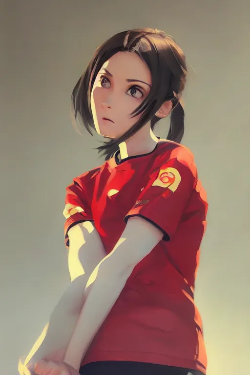 Image similar to A ultradetailed beautiful panting of a stylish girl wearing a volleyball jersey, Oil painting, by Ilya Kuvshinov, Greg Rutkowski and Makoto Shinkai