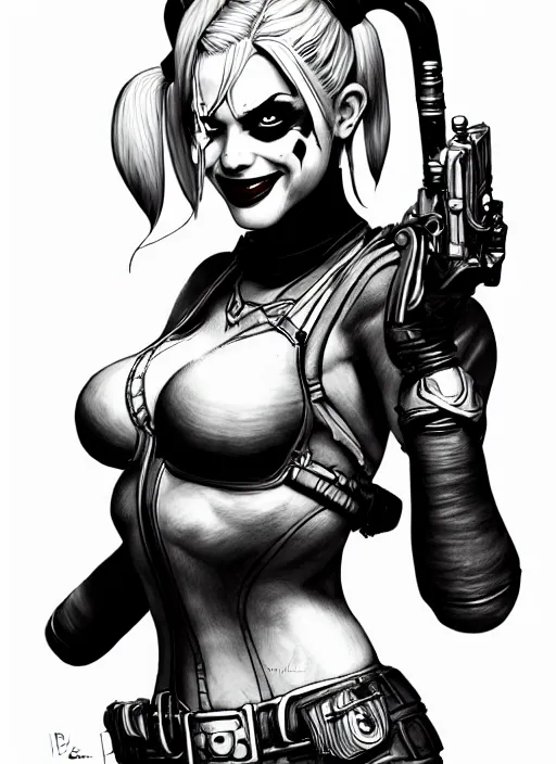 Image similar to concpet art, full shot, traditional ink, sketch, of harley quinn, line sketch, intricate, elegant, highly detailed, monochrome, digital painting, artstation, concept art, sharp focus, illustration, art by borderlands 3 and peter polach