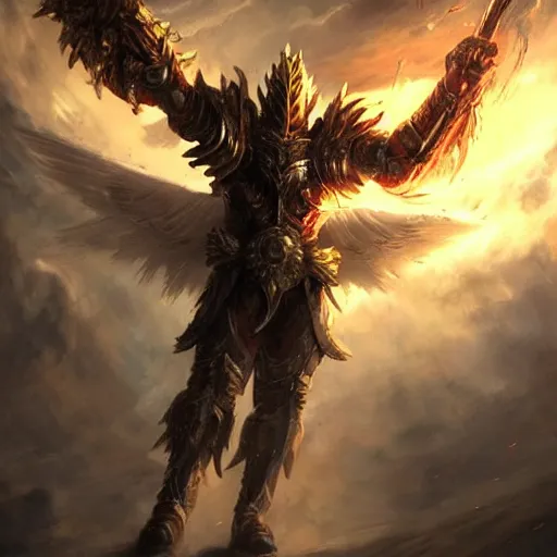 Image similar to A celestial god, wearing the armor of 100 suns standing on a mountain, cinematic, dynic lighting, photorealistic, fantasy concept art, ultra detailed, stunning visuals