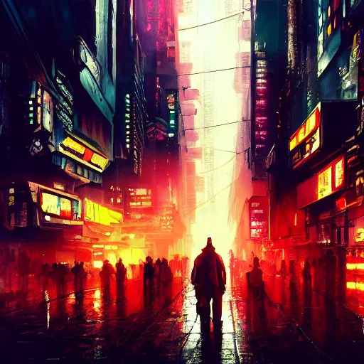 Image similar to Cyberpunk city, street vendors, citizens, augmented cyborgs, Blade Runner, Ghost in the Shell, Neuromancer, robots, skyscapers, buildings, clouds, sunset, painted by seb mckinnon, high detail, digital art, trending on artstation