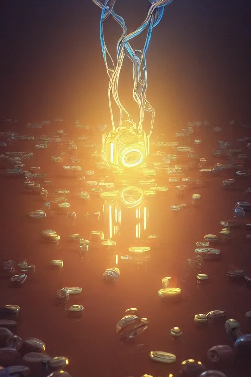 Prompt: pill floating with glowing liquids inside. third person, centered, 3d, studio lighting, intricate artwork by Tooth Wu and wlop and beeple. octane render, trending on artstation, greg rutkowski very coherent symmetrical artwork. cinematic, hyper realism, high detail, octane render, 8k