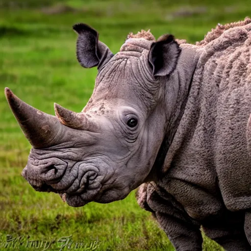 Prompt: wooly hairy brown rhino nature photography