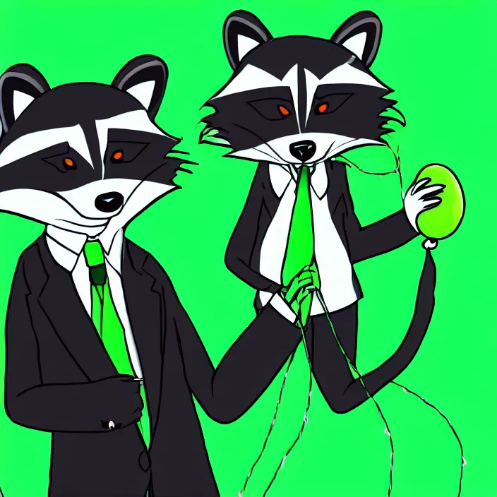 Prompt: an anthropomorphic neon green male raccoon fursona with a black tie holding a blue balloon by its string, photo, furry art, cute, 8 k