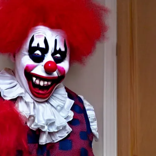 Prompt: hidden camera footage of terrifying clown in a bedroom