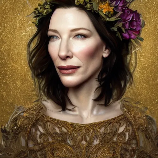 Image similar to Portrait of cate blanchett wearing a floral crown, olive skin, long dark hair, beautiful bone structure, shiny gold background, intricate, elegant, highly detailed, digital painting, artstation, concept art, smooth, sharp focus, illustration, art by artgerm and greg rutkowski and alphonse mucha