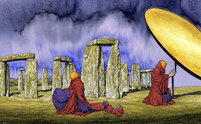 Image similar to a realistic and atmospheric watercolour fantasy concept art of a golden ufo landing on top of stonehenge. female medieval monk in grey robes kneeling with her hands by her sides. by rebecca guay, michael kaluta, charles vess and jean moebius giraud