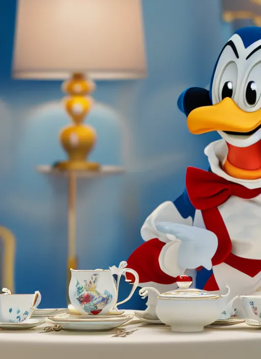 Prompt: jodie march and donald duck having tea at the ritz, octane render, cinematic, elegant, intricate, 8 k
