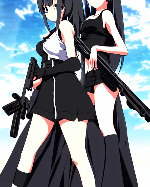 Prompt: female action anime girl, black dress, gun, symmetrical faces and eyes symmetrical body, middle shot waist up, airplane hanger background, Madhouse anime studios, Black Lagoon, Wit studio anime, 2D animation