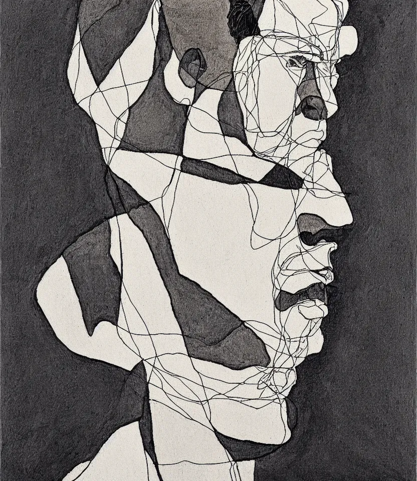 Image similar to elegant ultrafine line art portrait of german philosopher frierich nietzsche, inspired by egon schiele. contour lines, musicality, twirls and curves, strong personality, minimalism