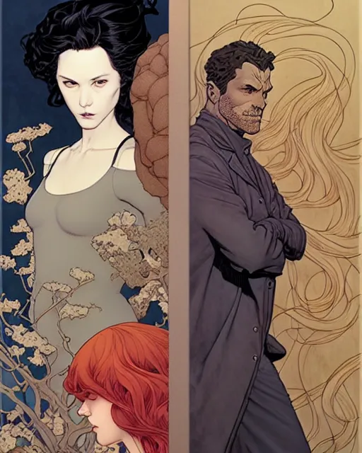 Image similar to artwork by James Jean and artwork by Phil noto and artwork by Rebecca guay of a handsome man and a beautiful woman back to back