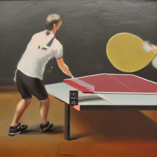 Prompt: Dous gatos xogando ao ping-pong sobre fondo laranxa, oil painting