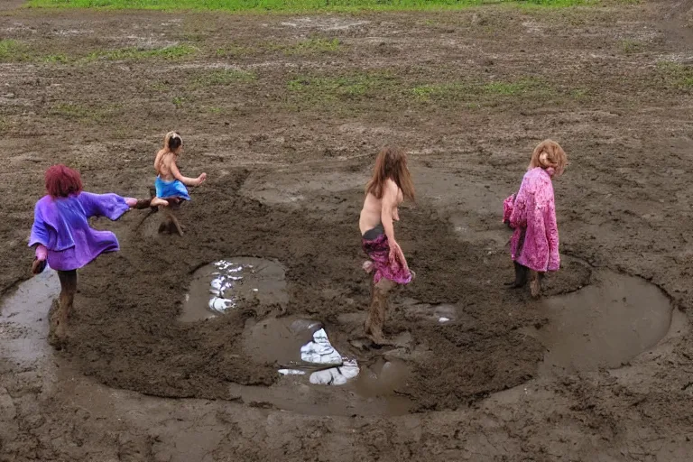 Image similar to hippies playing in a mud puddle