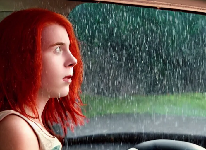 Image similar to A very high resolution image from a new movie, inside of a car, teen red hair woman, raining, hot, directed by wes anderson