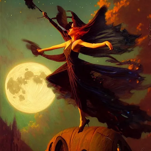 Prompt: attractive witch magically flying trough the night, fantasy, full moon in background. highly detailed painting by gaston bussiere, craig mullins, j. c. leyendecker 8 k