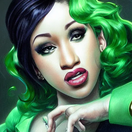 Image similar to full figure ultra realistic illustration, cardi b as the riddler, intricate, elegant, highly detailed, digital painting, artstation, concept art, smooth, sharp focus, illustration, art by artgerm and greg rutkowski and alphonse mucha