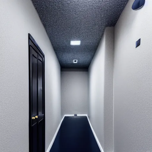 Prompt: minimalist hallway, navy blue and black aesthetic, unknown location, clean, stucco walls, shiny floors, cinematic