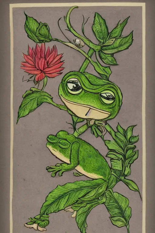 Image similar to pepe the frog, by maria sibylla merian