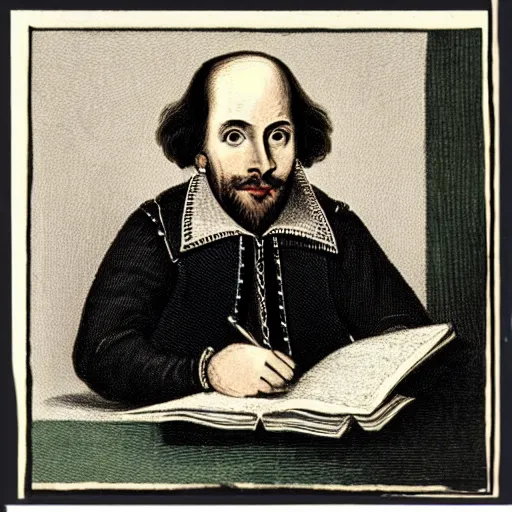 Image similar to Photo of William Shakespeare writing in a notepad