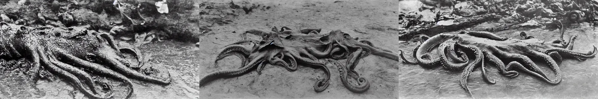 Prompt: scary unproportionable dead body of octopus on side of the tribal river, 1900s picture