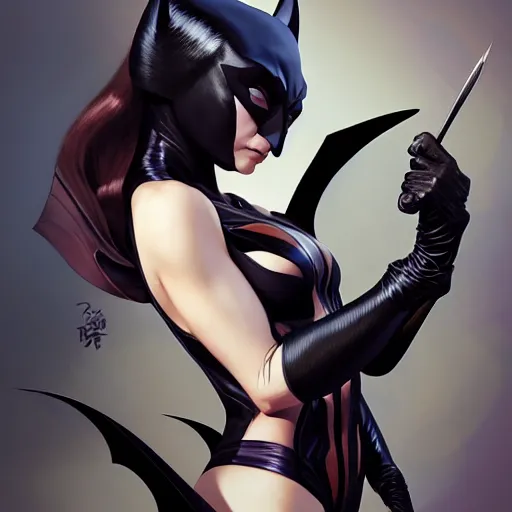 Prompt: 3 / 4 view of a portrait of bat woman with bat wings, confident pose, pixie, genshin impact,, intricate, elegant, sharp focus, illustration, highly detailed, concept art, matte, trending on artstation, anime, art by wlop and artgerm and greg rutkowski, marvel comics h 6 4 0