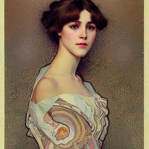 Prompt: elegant, cute girl portrait with open chest white ancient clothes by alphonse mucha, gustav klimt, and octane render -