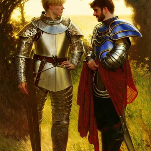 Image similar to attractive arthur pendragon and his attractive male knight, they are in love, natural lighting, path traced, highly detailed, high quality, digital painting, by gaston bussiere, craig mullins, alphonse mucha j. c. leyendecker