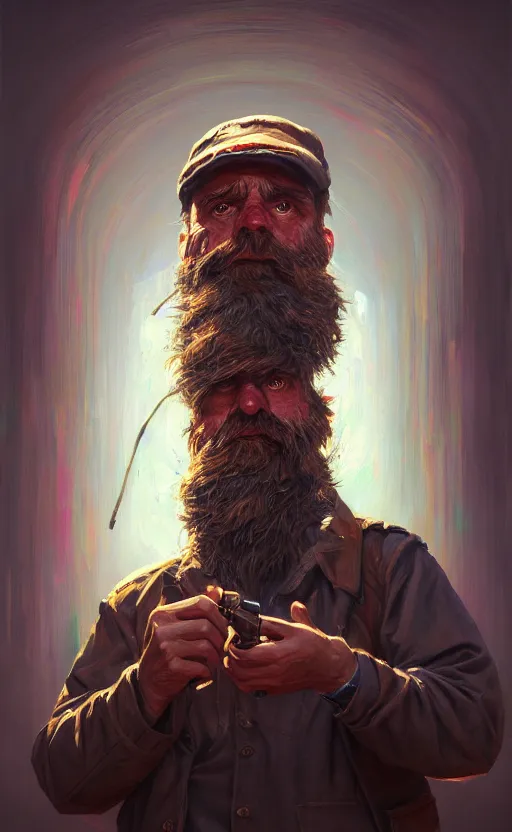 Image similar to hobocop from the disco elysium, concept art by aleksander rostov, oil painting, large strokes, artstation trending, symmetry, awesome exposition, very detailed, highly accurate, intricate, professional lighting diffracted lightrays, 8 k, sense of awe, gamers magazine cover